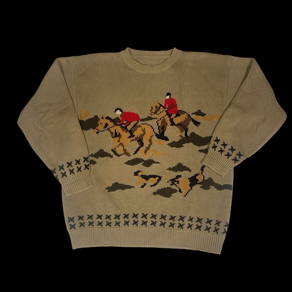 Vintage Fox Hunt Equestrian Dog Sweater Mens M Beige Long Sleeve Pullover •READ•